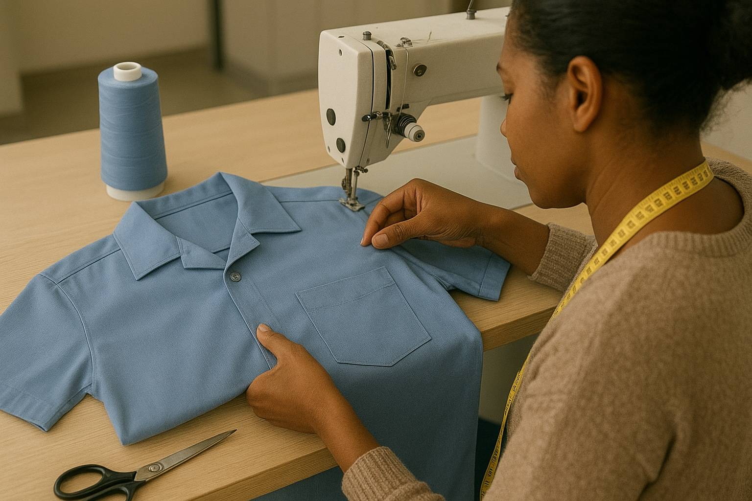 uma costureira costurando uma amostra de camisa social azul